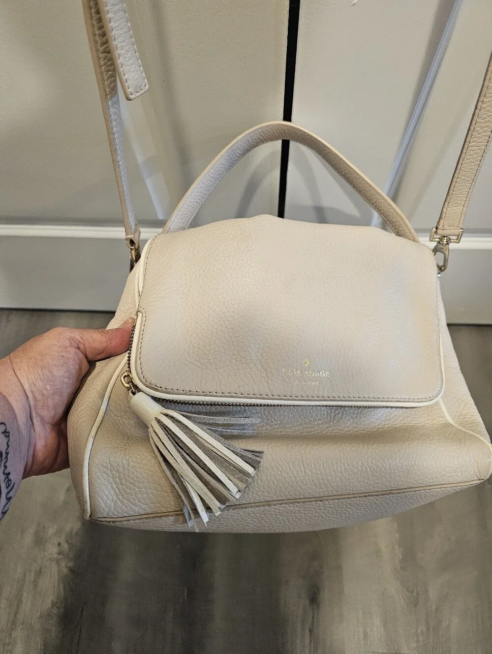 kate spade Cream Leather Tassel Flap Crossbody Bag